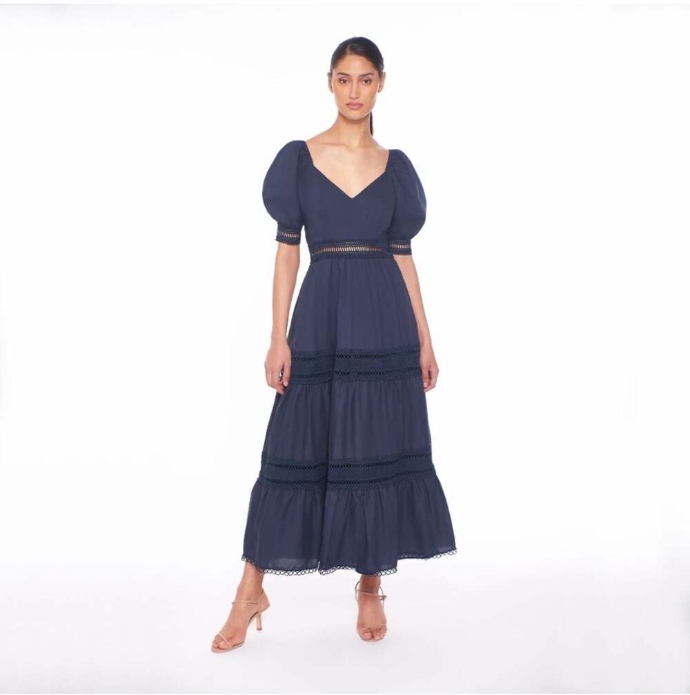 Peixoto Isabella Navy Midi Dress with Crochet Lace Detail M